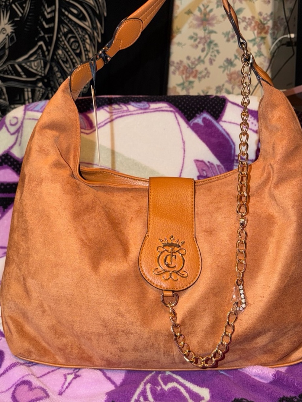 Juicy couture Tan Suede Hobo Bag with Chain Accent